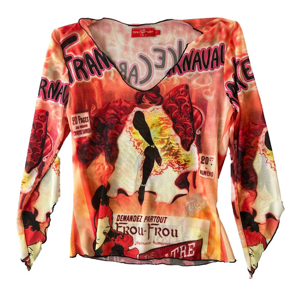 TOPSY TURVY Women’s Top Multicolor Mesh Size L Parisian Motif - Picture 1 of 5